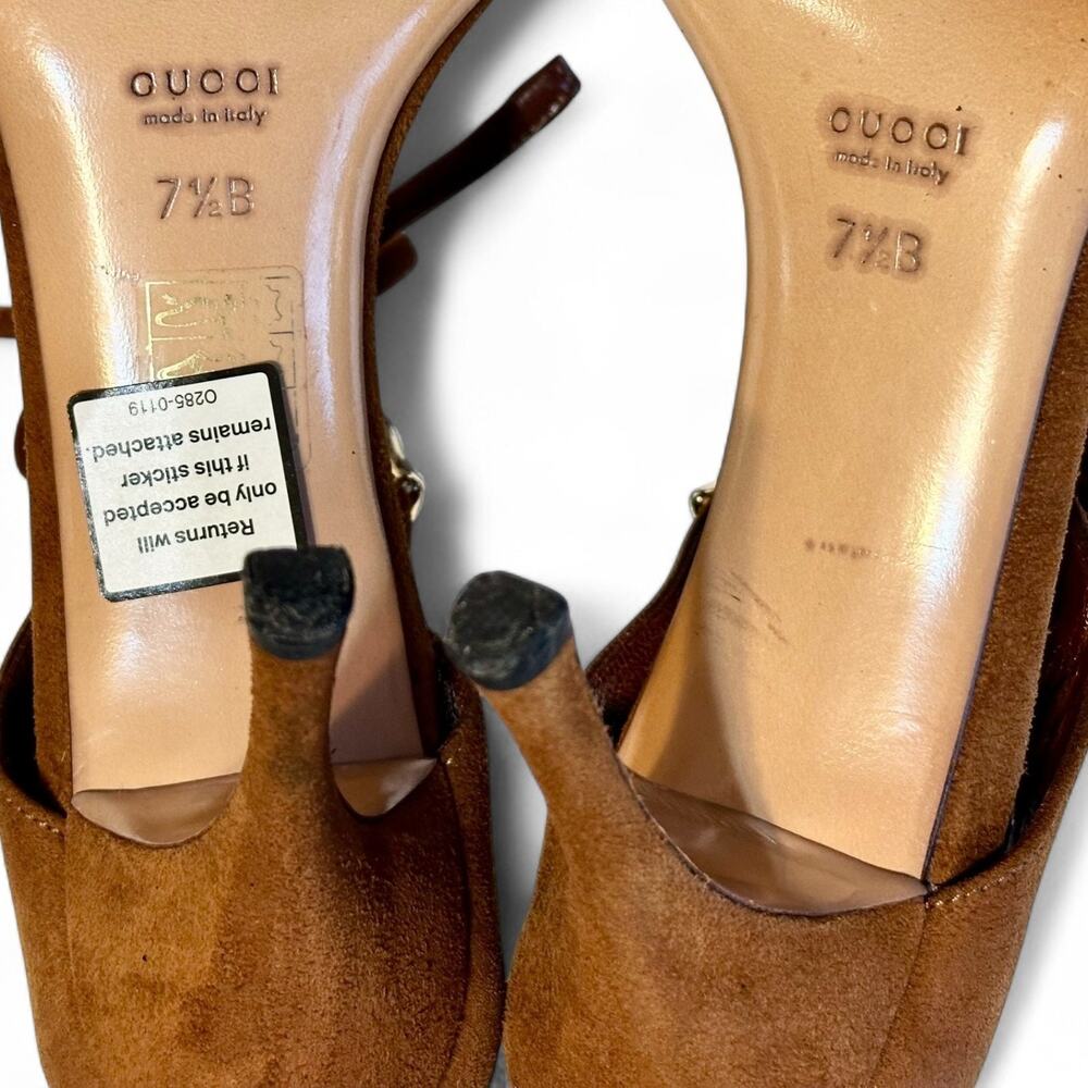 Gucci Vintage Y2K Horsebit Suede Sandals Lace Up Stiletto Heels Cognac Brown 7.5 - Picture 12 of 13